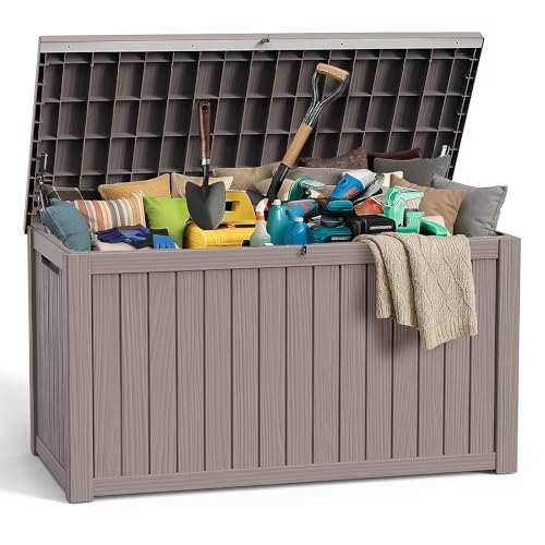 ROJIK Outdoor Storage Housing Deck Box,Waterproof Patio Furniture, Garden Tools,Cushions,Pool Accessories Storage Bench with Lockable Lid and Side Handles (Grey,280 Gal) - color: Grey, size: 280 Gallon