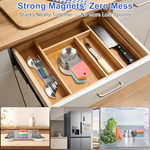 Magnetic Measuring Cups & Spoons Set, Strong N45 Magnets, Heavy Duty 304 Stainless Steel Fits in Spice Jars for Baking & Cooking, BPA Free, Round Set of 15 with Leveler, Light Colorful - color: Measuring Cups & Spoons Set of 15(Light Colorful)