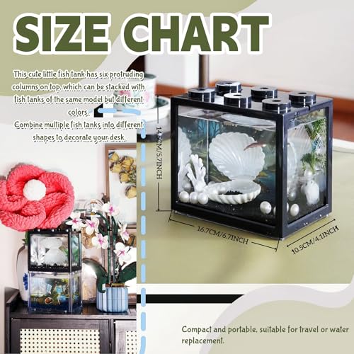 Small Betta Fish Tank, Mini Sea Monkey Tank Aquarium Kit with Gravel & Background Resin Decor, 0.6 Gallon Stackable Tabletop Fish Bowl Accessories for Shrimp Seaweed Ball - color: Black