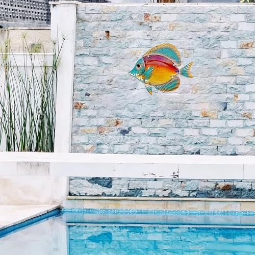 Metal Fish Wall Decor Hanging Glass Sculpture Art for Garden Yard Living Room Bedroom Patio Balcony Sea Wall Home Ocean Theme Kitchen Pool Porch, Outdoor Indoor Decorations Ocean Hanging, Orange