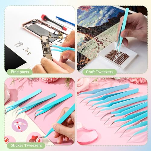 Honoson 9 Pieces Curved Pointed Craft Tweezers Stainless Steel Precision Tweezer with Protective Cover for Rhinestones Dried Flowers Craft Stickers Eyelash Extension Jewelry Making(Blue) - color: Blue