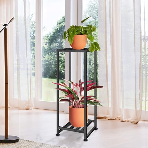 LUBORN Plant Stand Indoor Outdoor, Wrought Iron Plant Stands 2 Tier Heavy Duty Metal Pedestal Stand Decorative Flower Stand for Patio Garden Deck Living Room
