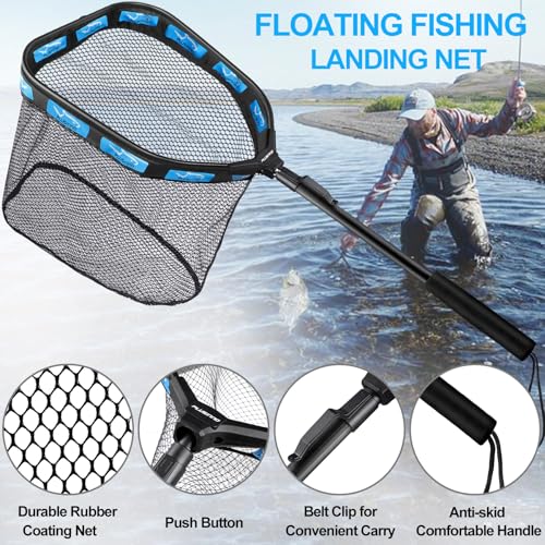 PLUSINNO Floating Fishing Net for Steelhead, Salmon, Fly, Kayak, Catfish, Bass, Trout Fishing, Rubber Coated Foldable Landing Net with Fixed or Telescoping Pole Handle, Fishing Gear and Gifts for Men - color: 11.8"/30cm Hoop Size 0.8M Blue (Fixed Pole)
