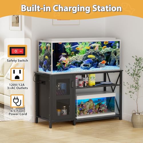 BEURUKU 55-75 Gallon Fish Tank Stand , Aquarium Stand with Cabinet & Power Outlets for Fish Tank Accessories Storage, Heavy Duty Metal Terrarium Stand, 52" L*19" W Tabletop, 1200LBS Capacity, Black - color: Black, size: 55-75 Gallon