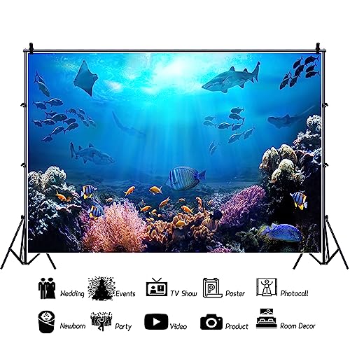 AOFOTO 8x6ft Underwater World Backdrop for Photography Aquarium Seabed Rocks Lights Coral and Fishes Tropical Ocean Scene Under The Sea Background Kids Party Decoration Banner Photobooth Props - size: 8x6ft