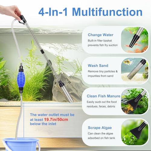 fishkeeper Quick Aquarium Siphon Pump Gravel Cleaner - 256GPH / 80GPH Adjustable Powerful Fish Tank Vacuum Gravel Cleaning Kit for Aquarium Water Changer, Sand Cleaner, Dirt Removal - size: Small