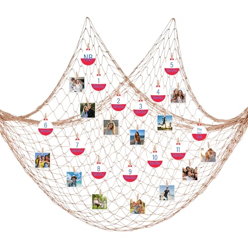 60x60 Inch Fishing Net Decor with Wooden Clips, Fishing Photo Banner The Big One Fishing Birthday Decoration Beige Natural Cotton Large Decor for Pirate Under The Sea Nautical Mermaid Themed Party