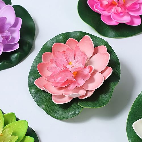 GSHLLO 6 Pcs Artificial Foam Lotus Faux Water Lily Flowers Floating Pond Plants Decoration Realistic Lotus Lily Pad Ornaments for Pool Aquarium White