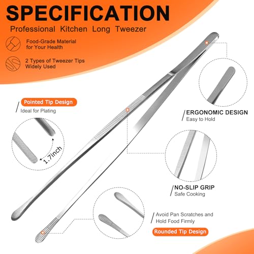 2Pcs 12-inch Kitchen Tweezers for Cooking, Kitchen Tweezer Tongs, Fine Stainless Steel Cooking Utensils Set for Steak, Salad, Pasta, Bacon, Sausage, BBQ, Toast, Aquarium, Silver, Achiwish