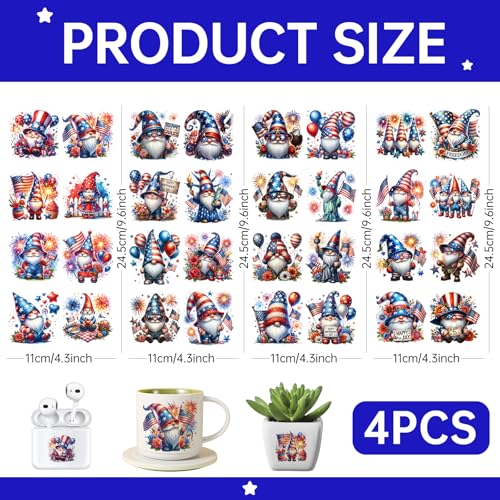 4 PCS 4th of July Gnome UV DTF Cup Wrap for 16oz, Rub on Transfer Stickers Glass Mugs, High Viscosity Permanent UV DTF Sticker, Coffee Cups, Water Bottles and Personalized Crafts - style: 4th of July Gnome