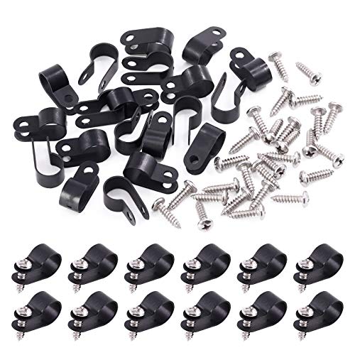 Swpeet 120 Pack Black 1/2 Inch Nylon Plastic R-Type Cable Clips Clamp Kit, Nylon Screw Mounting Cord Fastener Clips with 120 Pack Screws for Wire Management (1/2 Inch, Black) - color: Black, size: 1/2 Inch