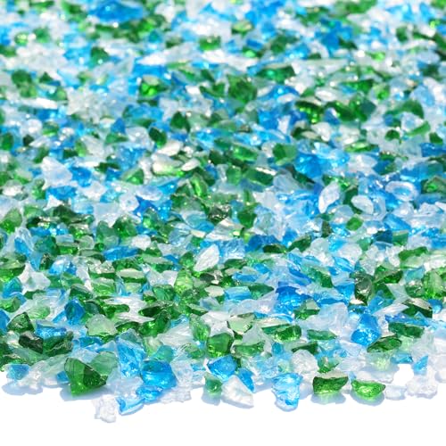 QYGL Crushed Glass - 2.1LB Green Mixed Broken Glass Pieces 3-6mm, for Resin Art, DIY Crafts, Home Decor, Vase Fillers, Tabletop Fire Pit, and Aquarium Rocks - color: Green, Aquamarine, White