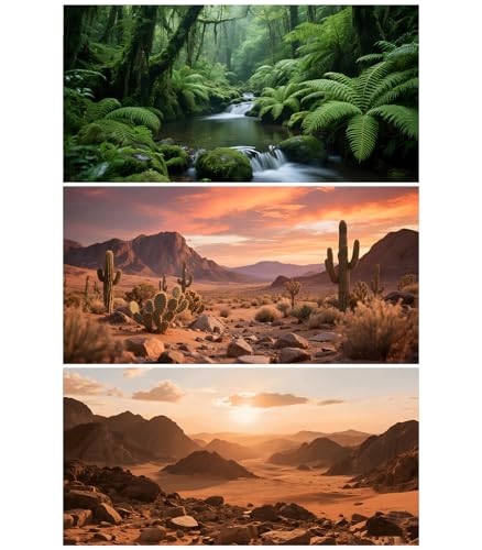 3 Pack Terrarium Background 36x18 inches Polyester Reptile Background，Gobi Sunshine Cactus Stone & Green Tree Fern Stream Terrarium Background - size: 36 x18 inches
