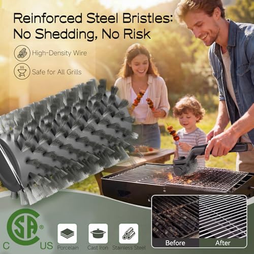 Electric Grill Brush, High Torque Grill Brush with 3-Speed Modes, 20kg Max Torque BBQ Cleaner Safe for Porcelain Cast Iron Stainless Steel, Reinforced Steel Bristles, for Fathers Day
