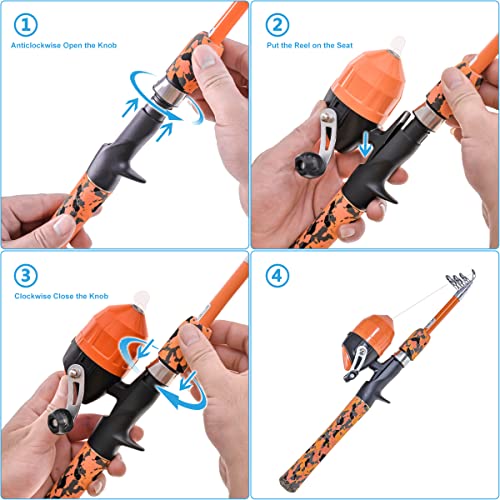 CODEK Kids Fishing Pole Set with Full Starter Kits 2 Set Portable Telescopic Fishing Rod and Spincast Reel Cambos with a Fishing Net and 2 Buckets for Boys Girls and Youth - color: Orange