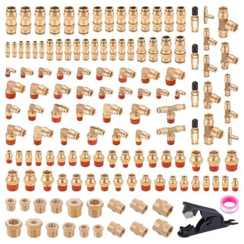 CheeMuii 136 PCS Brass DOT Air Line Fittings Kit Push Lock DOT Air Fittings Push to Connect Fittings 1/8" 1/4" 3/8" 1/2" Quick Connect Air Hose Fittings Assortment for Air Line Air Hose - size: 136PCS
