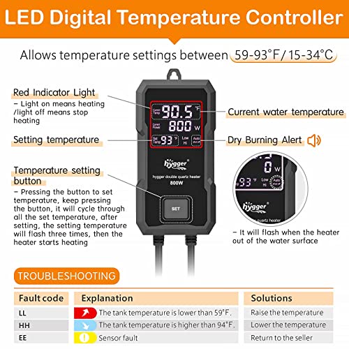 hygger Aquarium Heater 300W/500W/800W/1000W, Submersible Fish Tank Heater with Digital LED Controller and Intelligent Leaving Water Automatically Stop Heating System, for Freshwater and Saltwater - size: 800W for 80-220 Gallon