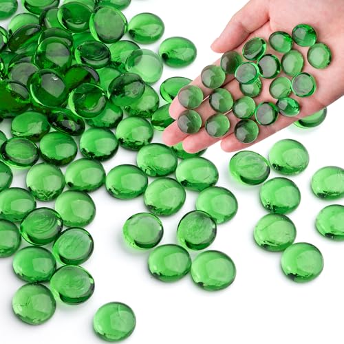 Green Glass Marbles, 0.97 LB Transparent and Smooth Flat Glass Beads for Vases, Mosaic Gem Pebbles for Aquarium Decor, Floral Arrangements, Mancala Stones, Vase Filler and Crafts (Approx. 80-100 PCS) - color: Green