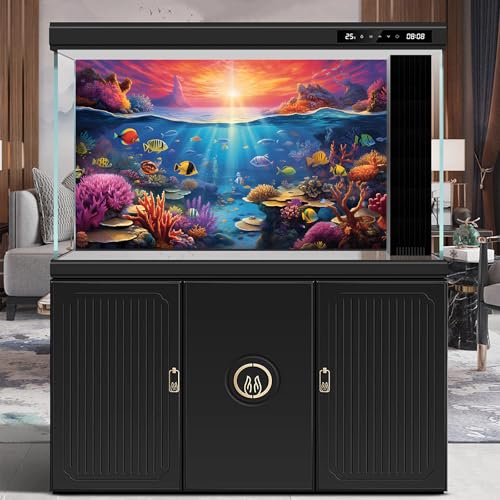 Under The Sea Aquarium Background Underwater Scene with Coral Reef Fish Tank Backdrop Tropical Plants Fishes Natural Ocean Underwater Sunset Seascape Terrarium Background Ocean Theme Backdrop 24x12in - color: Orange Blue, size: 24(W)x12(H)in