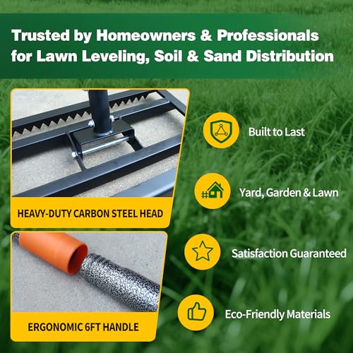 Lawn Leveling Rake 17x10 Inch, 6FT Heavy-Duty Carbon Steel Lawn Leveler – Yard Leveling Rake for Soil, Sand, Grass, Perfect for Lawn Repair, Pit Filling & Garden Maintenance - size: S