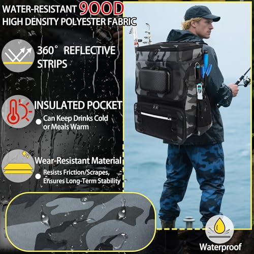 Fishing Backpack with Rod Holder, Large 50L Tackle Bag Water Resistant Tackle Backpack Heavy Duty Fishing Bag Gift for Men Woman - color: Camo Gray with 4 Tackle Boxes and 98 Fishing Tools