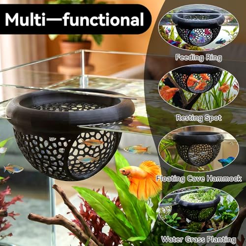 Floating Betta Shrimp Cave, Multi-Functional Aquarium Hammock for Hiding Feeding, Floating Betta Fish Skins with Feeding Ring, Tank Resting Spot for Small Fish Betta Shrimp (Black) - color: Black, size: Small