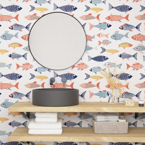 Fish Wallpaper Peel and Stick, Colorful Fishes Contact Paper 17.5" x 393", Blue and Pink Sea Wall Paper Self Adhesive Removable Waterproof for Children's Room Bathroom Shelves Cabinet Table Decor - color: White/Blue/Pink, size: 17.5" x 393.7"