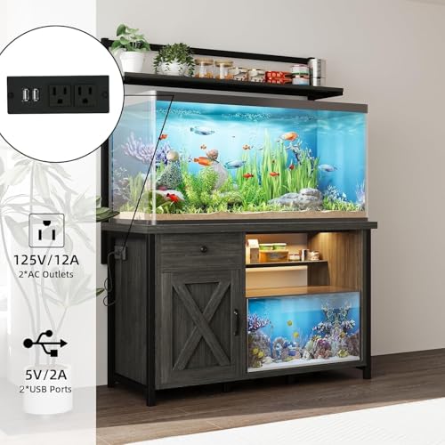 55-75 Gallon Fish Tank Stand with Power Outlet, Led Light, Aquarium Stand with Cabinet for Fish Tank Accessories Storage, Shelf, for Turtle Tank, Reptile Terrarium, 1100 LBS, Gray - color: Gray