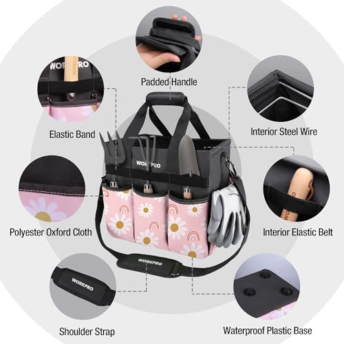 WORKPRO Garden Tool Bag Organizer, Heavy Duty Gardening Tote Bag with 10 Pockets and Long Adjustable Shoulder Strap, Standable Garden Home Tool Kits Organizer, Floral Pink - Pink Ribbon - color: Floral Pink