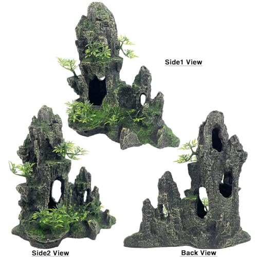 Aquarium Decorations Large and Tall Large Aquarium Decoration for Fish Tank Decorations Fish Tank Ornaments Mountain View Stone Ornament Tree Rock Cave Artificial Fishtank Ornament - color: Black Mountain View, size: Large - Mountain View