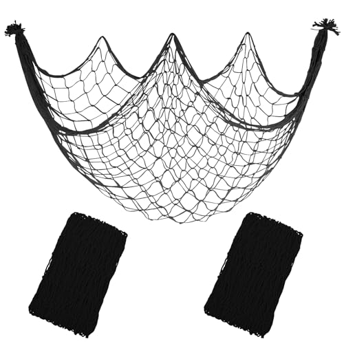 2 Pack Fish Net Decorations, 80x40 Inch Black Fishing Net Decor for Pirate Under The Sea Beach Theme Party, 3mm Thick Natural Cotton Versatile Nautical Netting for Wall Table Ceiling Halloween Decor - color: Black, size: Large - 2 Pack