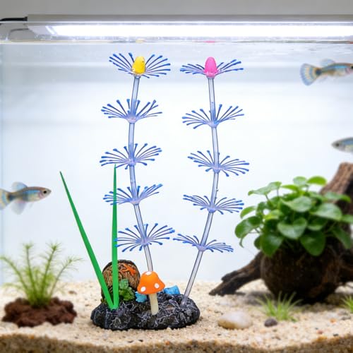 Soft Silicone long Coral Decor with Dynamic Swaying Motion, Weighted Base Aquarium Ornament for Lifelike Reef Aesthetic in Freshwater Saltwater Fish Tank, Safe Shelter for Invertebrates (Blue) - color: Blue