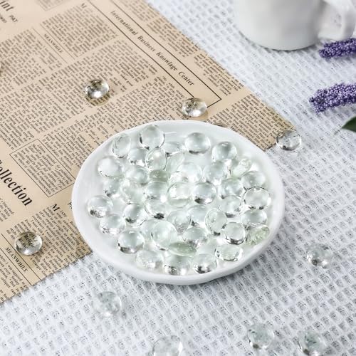 CYS EXCEL Clear Glass Gemstone Beads Vase Fillers (1 LB) Flat Marble Beads Multiple Color Choices Aquarium Decor Rocks Floral Stones Decorative Mosaic Gem Pebbles (Approx. 85-100 PCS) - color: Clear, size: 1 lb