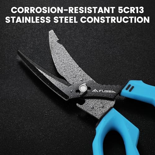 FLISSA 10" Fishing Scissors, Stainless Steel Detachable Kitchen Scissors, Fishing Shears with Fin Clipper & Fish Scaler, Non-Slip Grip, Protective Sheath