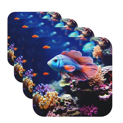 Drink Coasters Set of 4 Leather Coasters for Drinks Coral Reef Fish Aquarium Round Cup Mat Pad Easy Clean Bar Coasters Heat Resistant Funny Cup Coasters for Tabletop Protection,4 Inches - color: Square