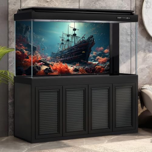 Shipwreck Aquarium Background Vibrant Coral Reef Marine Life Sunken Pirate Ship Fish Tank Background Stunning Underwater Rock Submerged Structure Reptile Tank Enclosure Terrarium Backgrounds 24x12in - color: Dark Blue_Orange, size: 24(W)x12(H)in