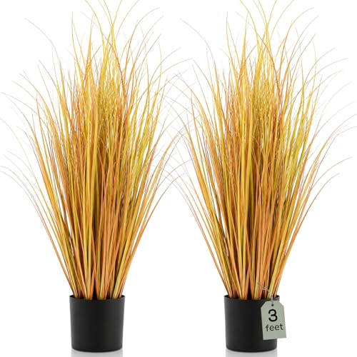 Jexine 2 Pieces Tall Artificial Grass Plant Potted Artificial Greenery Floor Plants Fake Pampas Grass Tall in Pot for Housewarming Gift House Garden Bathroom Lobby Indoor Outdoor (Fall,3 ft) - color: Fall, size: 3 ft