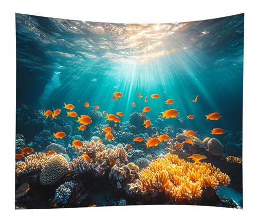 WODEJIA 3D Underwater Coral Reef Tapestry, Ocean Sunlight Fish Wall Hanging Tapestry for Bedroom Living Room Dorm, Large Blue Aquarium Marine Life Wall Art Tapestries Home Decoration（79“x59”Inches） - color: Marine Coral, size: 79"L x 59"W