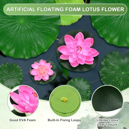 M METERXITY 1-Set Artificial Floating Foam Lotus Flower with Water Lily Pad, 4/7/11 Inch Fake Lotus Flowers Water Lilies for Pool/Fountain/Garden Decor, Pond Plants Ornaments [Pink] - color: Pink, size: 6.7/3.9 Inch