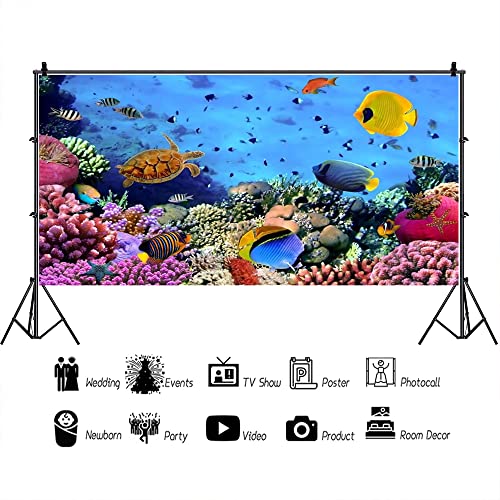 AOFOTO 15x8ft Underwater Ocean Coral Reef Backdrop Under The Sea Tropical Fish Sea Turtle Marine Life Photography Background Seabed World Nature Scene Aquarium Decor Kids Portrait Photo Shoot Props - size: 15x8ft