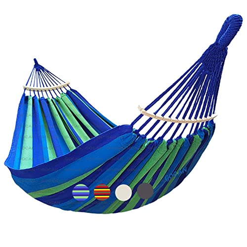 GOCAN Double Hammock 2 Person Extra Large 220x160cm Total Length 330cm Load 500lb Canvas Cotton Hammock for Patio Porch Garden Backyard Lounging Outdoor and Indoor with Removable Spreader bar - color: Blue Stripe