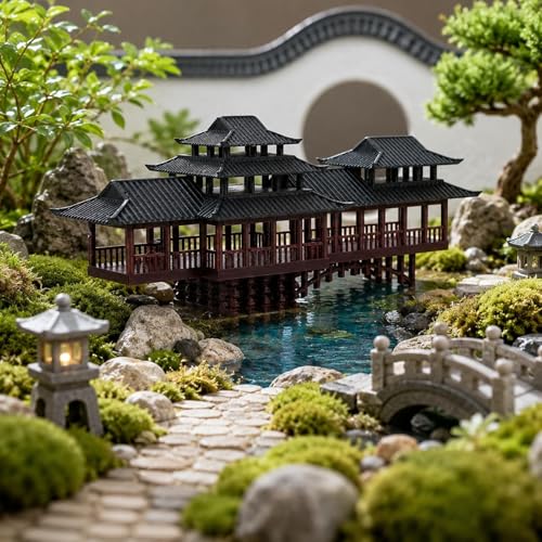 LOGOFUN Mini Ancient Chinese Pavilion Ornament with Arched Bridge for Micro Landscape Garden Bonsai Model Decoration - 13.5x5x5.5cm