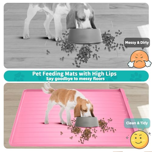 Dog Mat for Food and Water - 39.4" x 27" Large Pet Feeding Mats with Residue Collection Pocket - Waterproof Dog Cat Bowl Mat with High Edges to Prevent Water and Food Spills (Pink, 39.4''x27'') - color: Pink