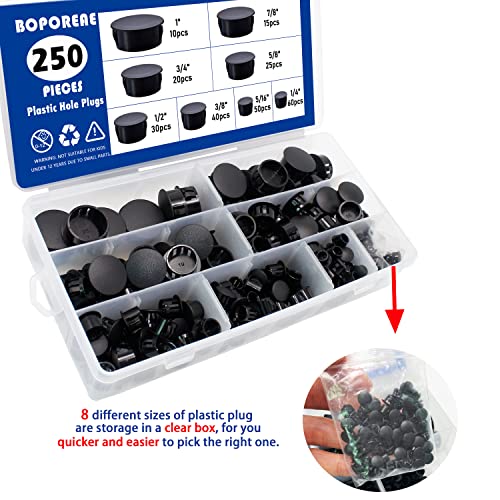 250 PCS 8 Sizes Nylon Plastic Hole Plugs Black 1/4, 5/16, 3/8, 1/2, 5/8, 3/4, 7/8, 1 Inch Round Hole, Flush Type Panel Knockout Locking Plugs, Furniture Cabinet Pipe Insert End Covers Caps - size: 8 Sizes, Black((1/4“-1”, 250 PCS)