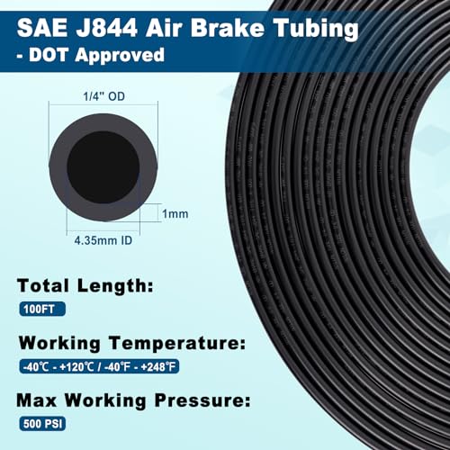 100FT 1/4 DOT Air Line SAE J844 PA12 Nylon Air Hose with Cutter 1/4” OD Pneumatic Tubing DOT Approved 1/4 Air Brake Hose for Air Suspension Kit Truck Trailer Brake System & Fluid Transfer 30.5m - size: 1/4" OD 100FT