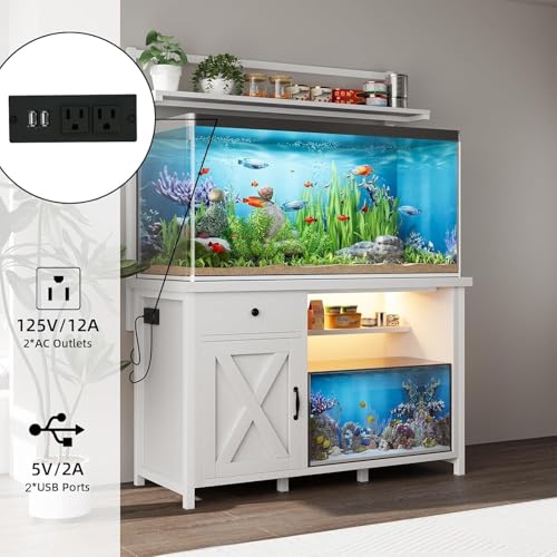 55-75 Gallon Fish Tank Stand with Power Outlet, Led Light, Heavy Duty Aquarium Stand with Cabinet for Fish Tank Accessories Storage, Shelf, for Turtle Tank, Reptile Terrarium, 1100 LBS (White) - color: White