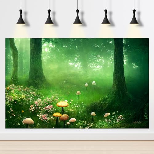Aquarium Background Foggy Forest Sun Rays Mushrooms Terrarium Backdrop Foggy Rainforest Various Flowers Natural Landscape Tank Background Reptile Habitat Backdrop Wallpaper Poster Vinyl 24x12in - color: Misty Green, size: 24(W)x12(H)inches/ 60(W)*30cm(H)