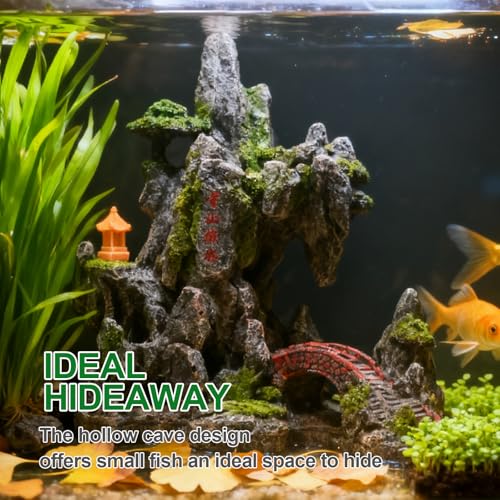 Mountain View Stone Ornament, View Stone Rock Cave Aquarium Decorations, Fish Tank Decoration Resin Cave for Betta Fish Snail Turtle, for Freshwater Saltwater Aquascaping