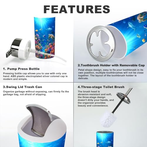 Bathroom Accessory Set 6 Piece Underwater Scene Coral Reef Tropical Fish Toothbrush Holder, Toothbrush Cup, Soap Dispenser, Soap Dish, Toilet Brush Holder, Trash can
