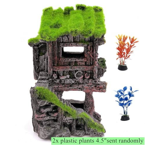 M2cbridge Aquarium Decorations Fish Hideout House Betta Cave with Green Lifelike Moss (Style 4) - style: Style 4